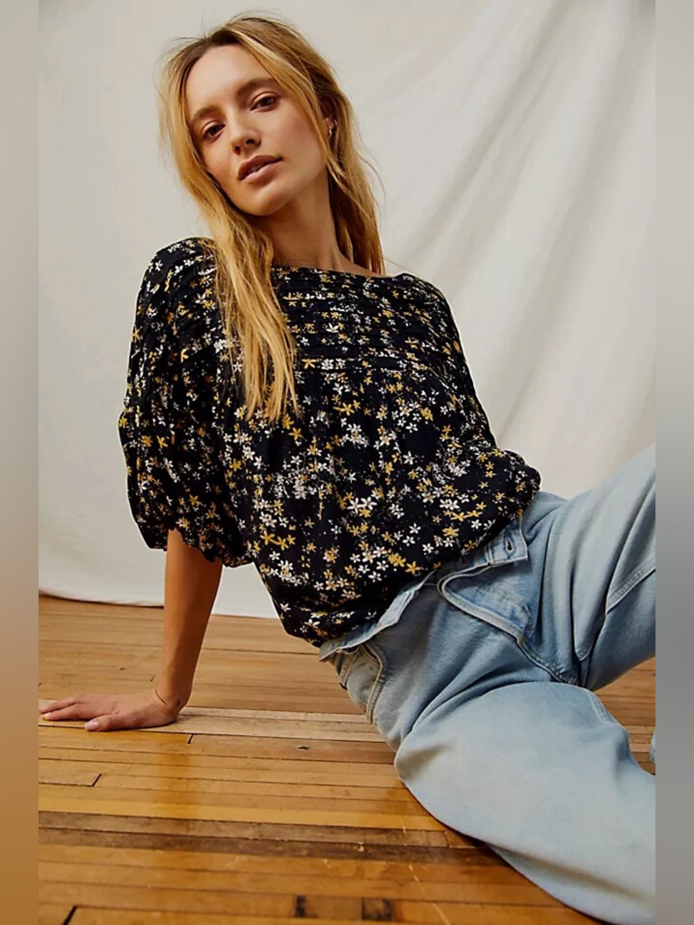 Free People Intimately Dessa Bodysuit Pleated Printed Black Tie Back Top